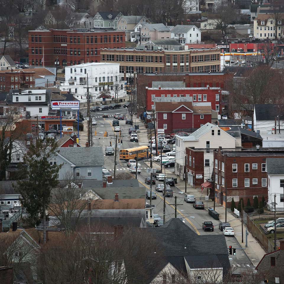 Drone shot of downtown New London