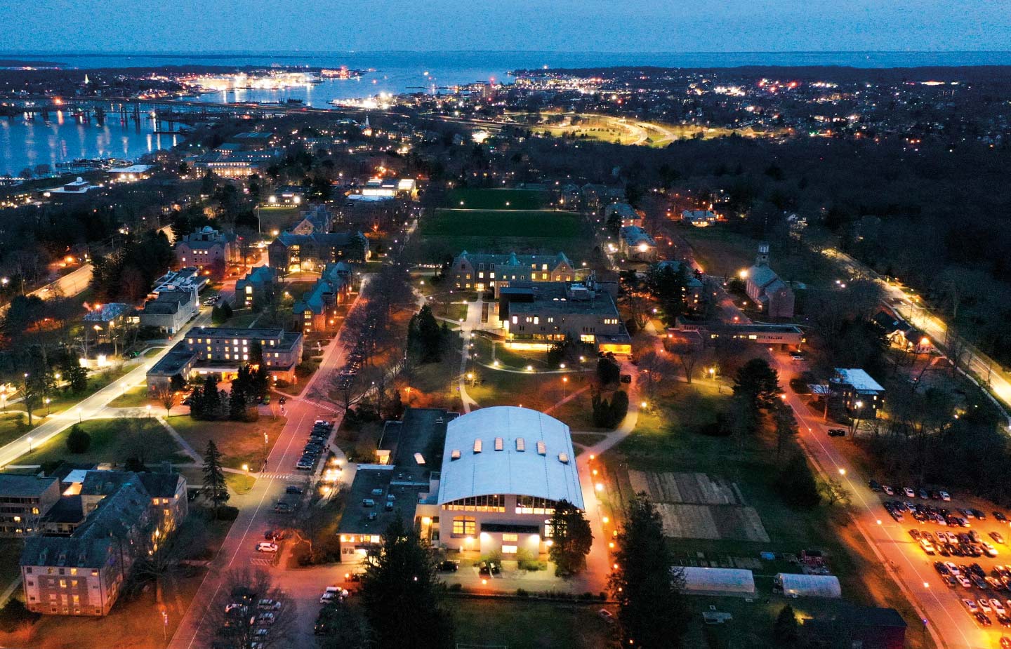 Drone image of the campus at night