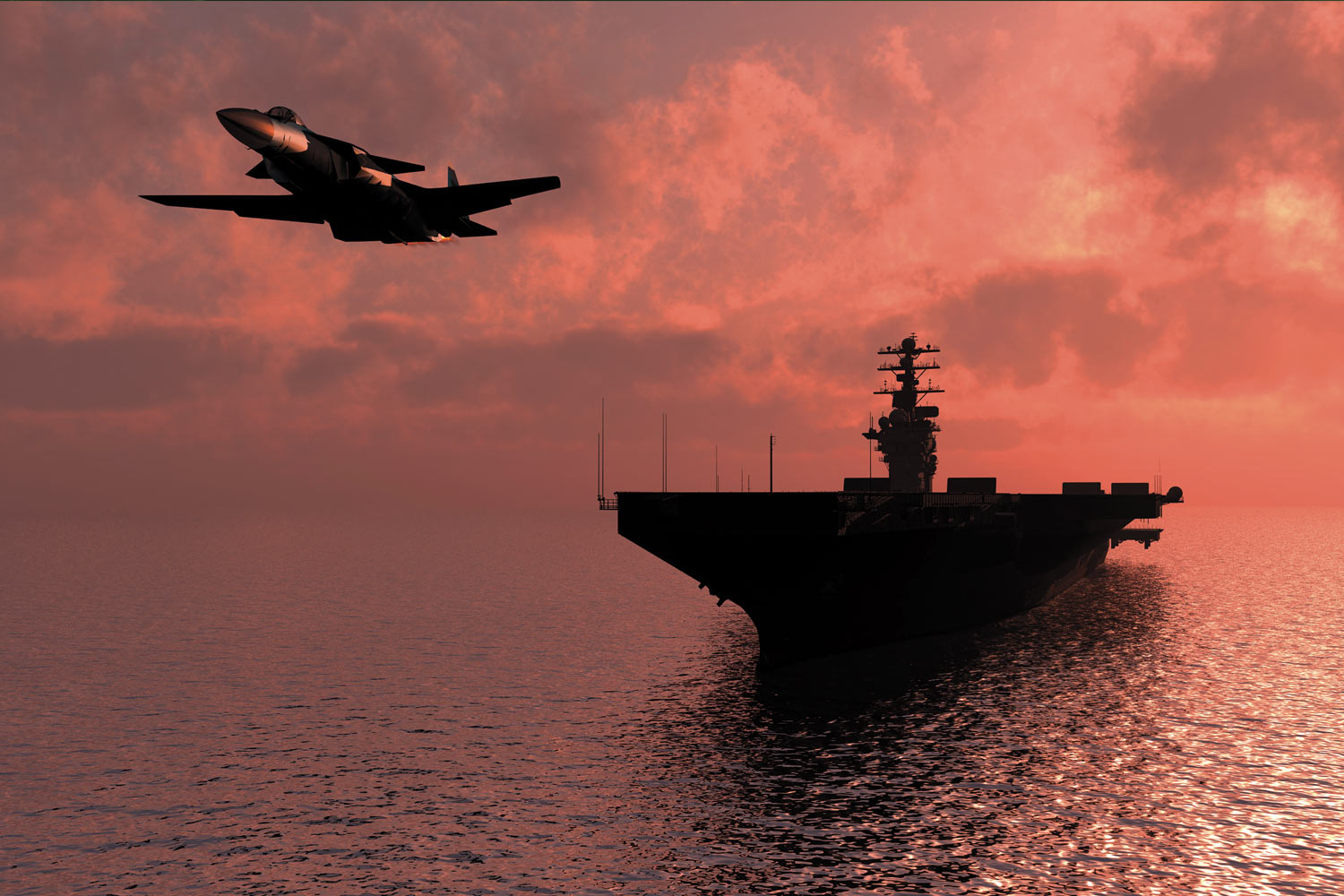 Photo illustration of a plane take off from an aircraft carrier