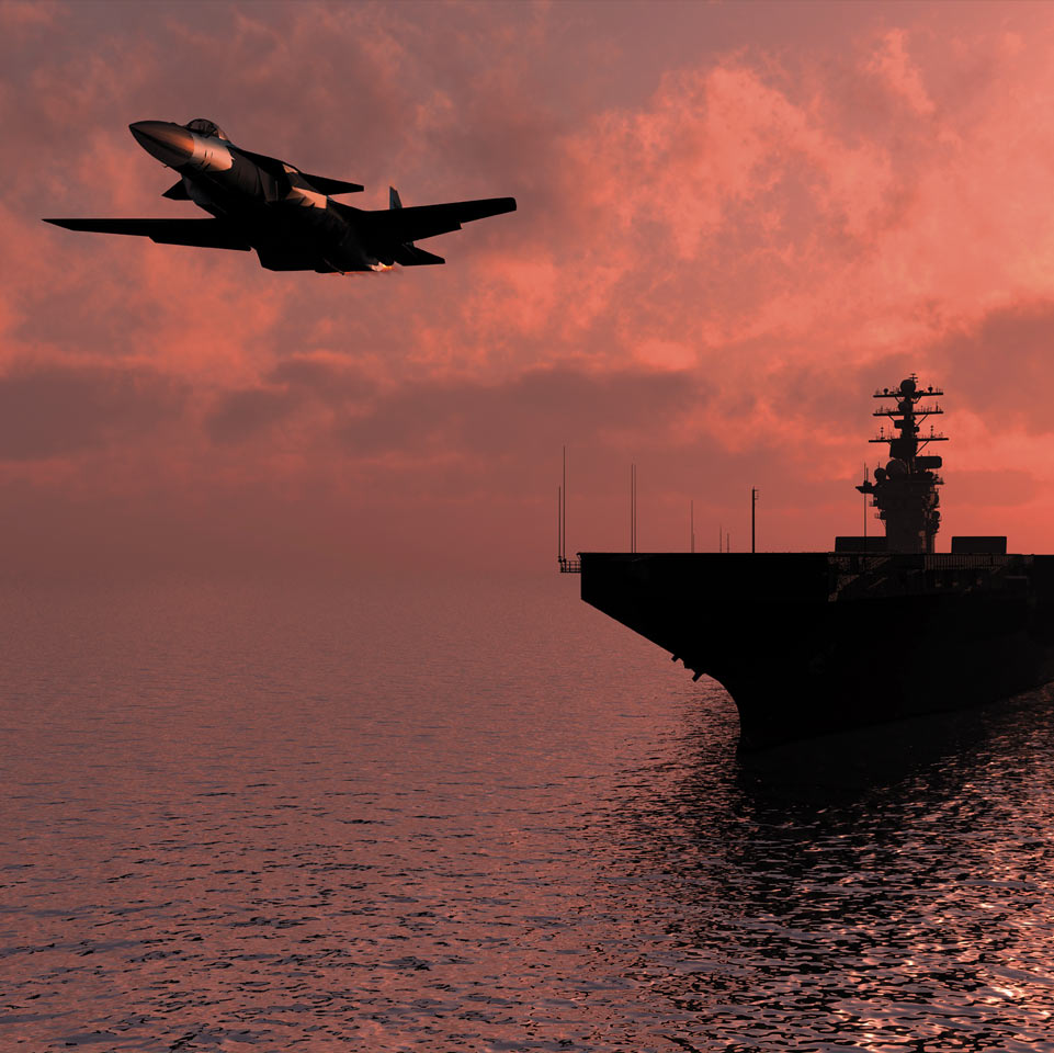 Photo illustration of a plane take off from an aircraft carrier