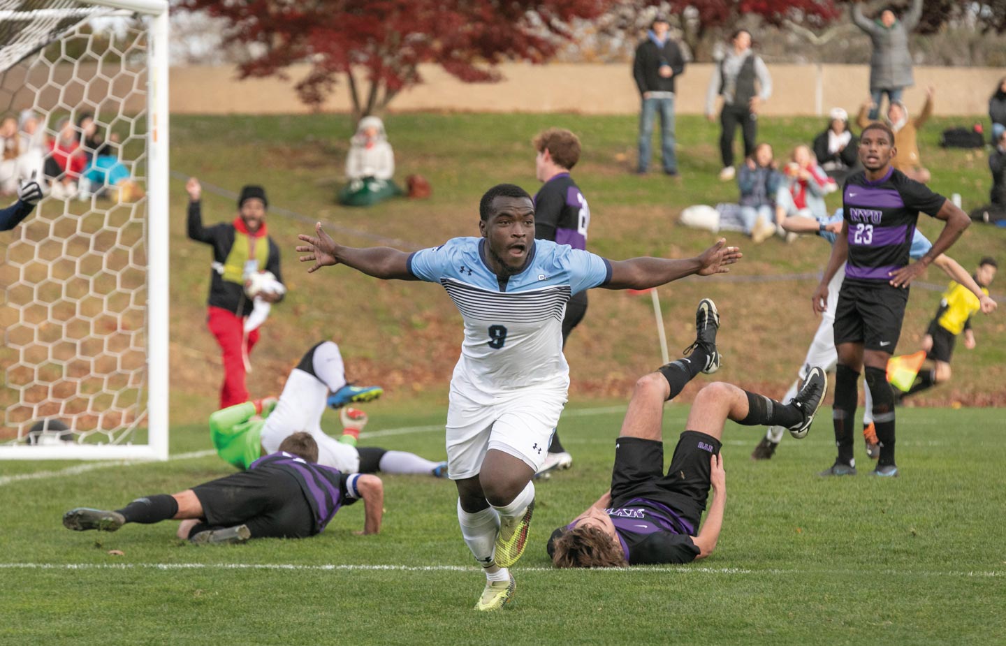 enior MT Tshuma celebrating having scored the winning goal in a second round match of the NCAA Tournament vs. NYU. 