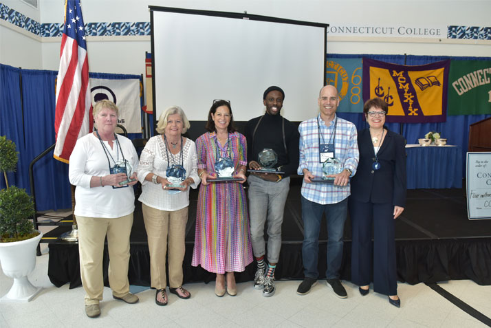 President Bergeron with the Alumni Award Winners, L-R: Alice Reid Abbott '69; Heather Morrison '69 P'95; Judy Newman '79; Raja Feather Kelly '09; Frank Suher '89 P'21