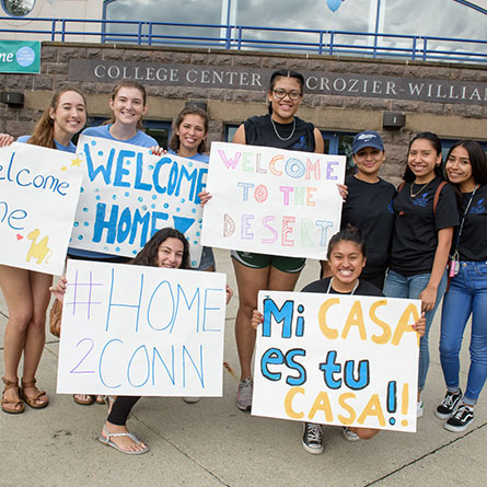 Conn students outside the College Center at Crozier-Williams.