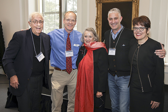 Herbert Klagsbrun P’86, Neal Manchester ‘86, Emilie Klagsbrun P’86, Rich Schneider, and President Katherine Bergeron pose for a photo.