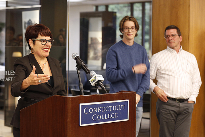 Katherine Bergeron announces the gift at an event. 