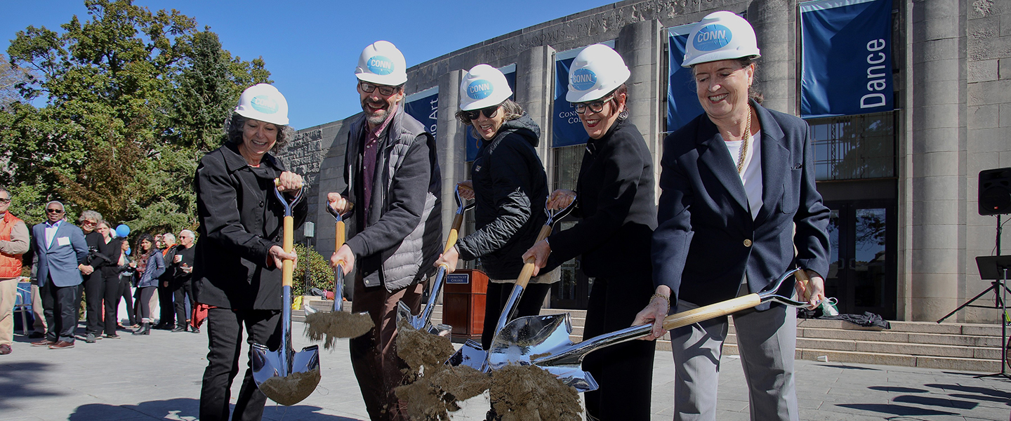 President Katherine Bergeron, Nancy Marshall Athey ’72 and three Connecticut College arts professors ceremoniously break ground on the Palmer Auditorium renovation 