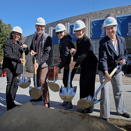 (From left): Marx Professor of Music Midge Thomas, Professor of Theater David Jaffe, Professor of Dance Heidi Henderson, President Katherine Bergeron, and Nancy Marshall Athey ’72 break ground on a $24 million renovation of Palmer Auditorium.