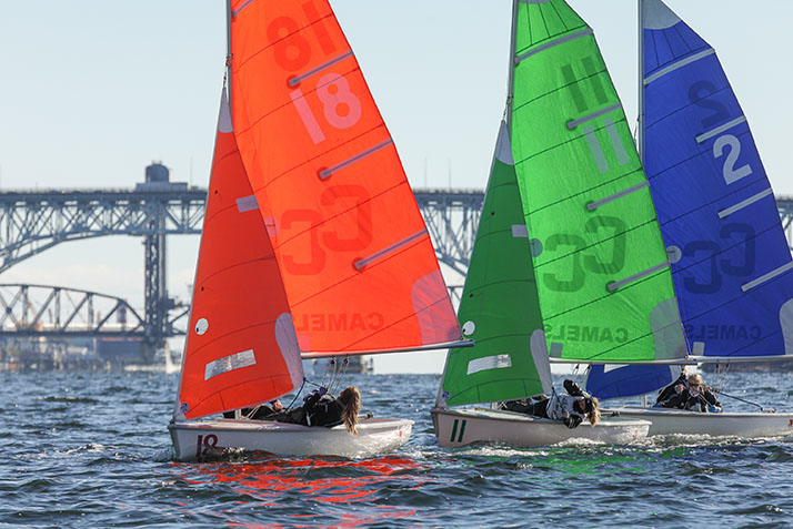 Three sailboats on the Thames as Conn competes against Boston College