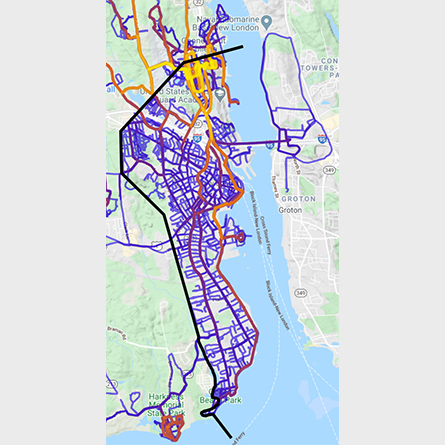 Walewski tracked his runs on this color-coded map of New London.