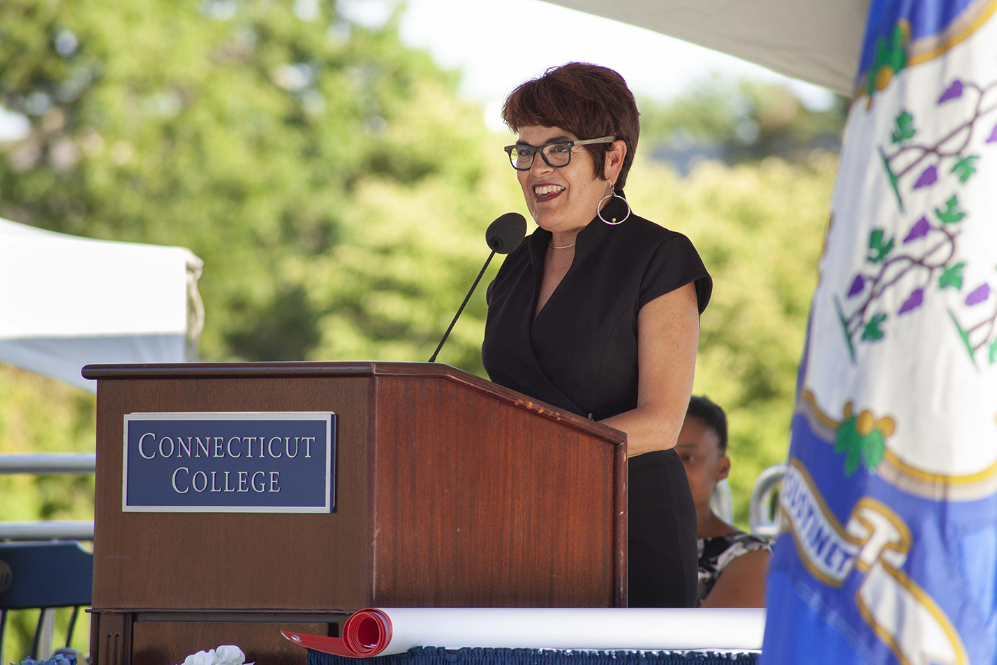 President Katherine Bergeron addresses the new Camels and their families.