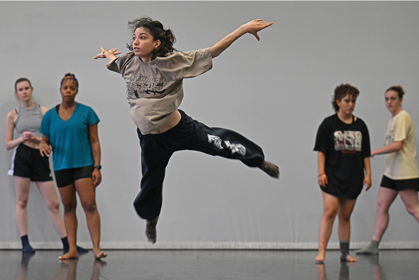 High school students dance with David Dorfman Dance during an intensive Summer @ Conn session.