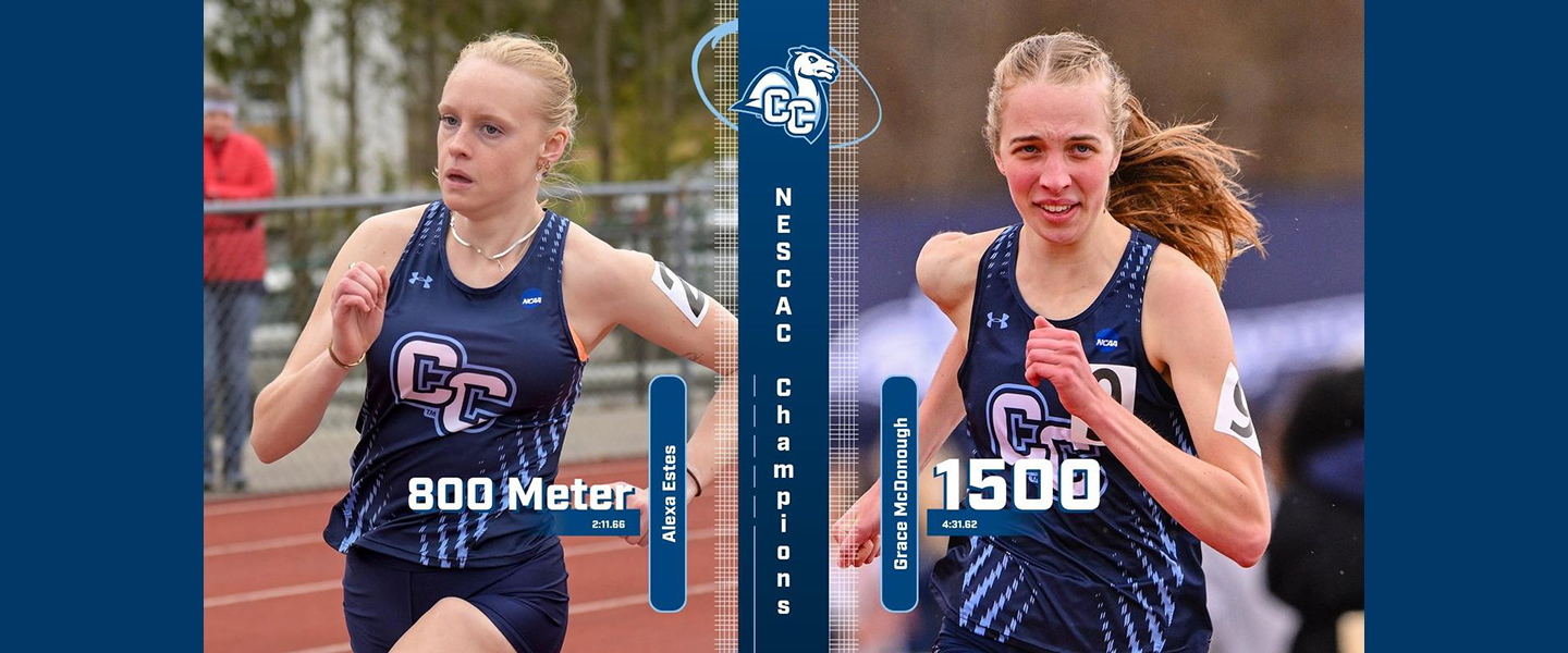 A graphic congratulating Alexa Estes ’26 and Grace McDonough ’26 on their NESCAC Championship wins