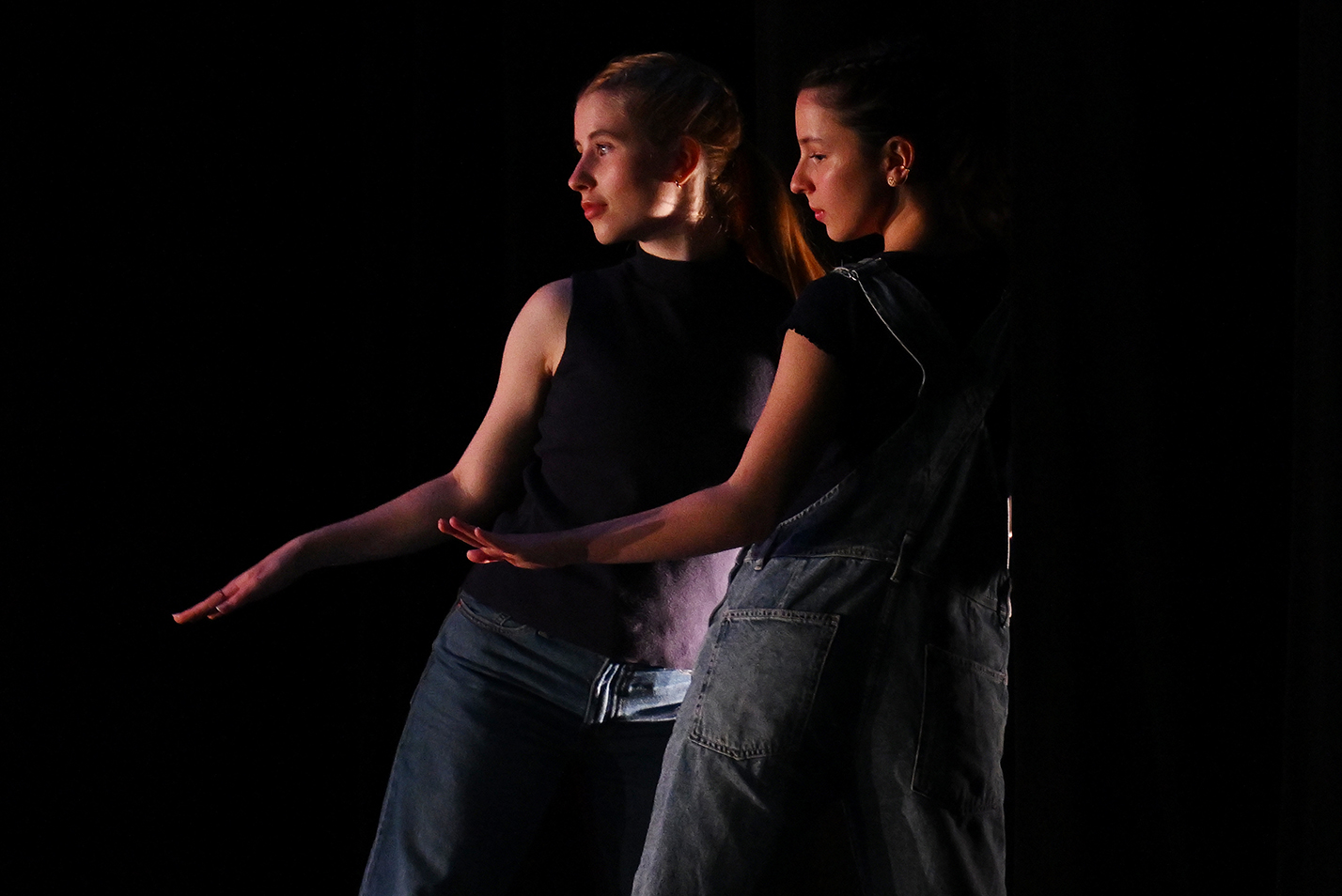 two dancers in near silhouette strike a pose.